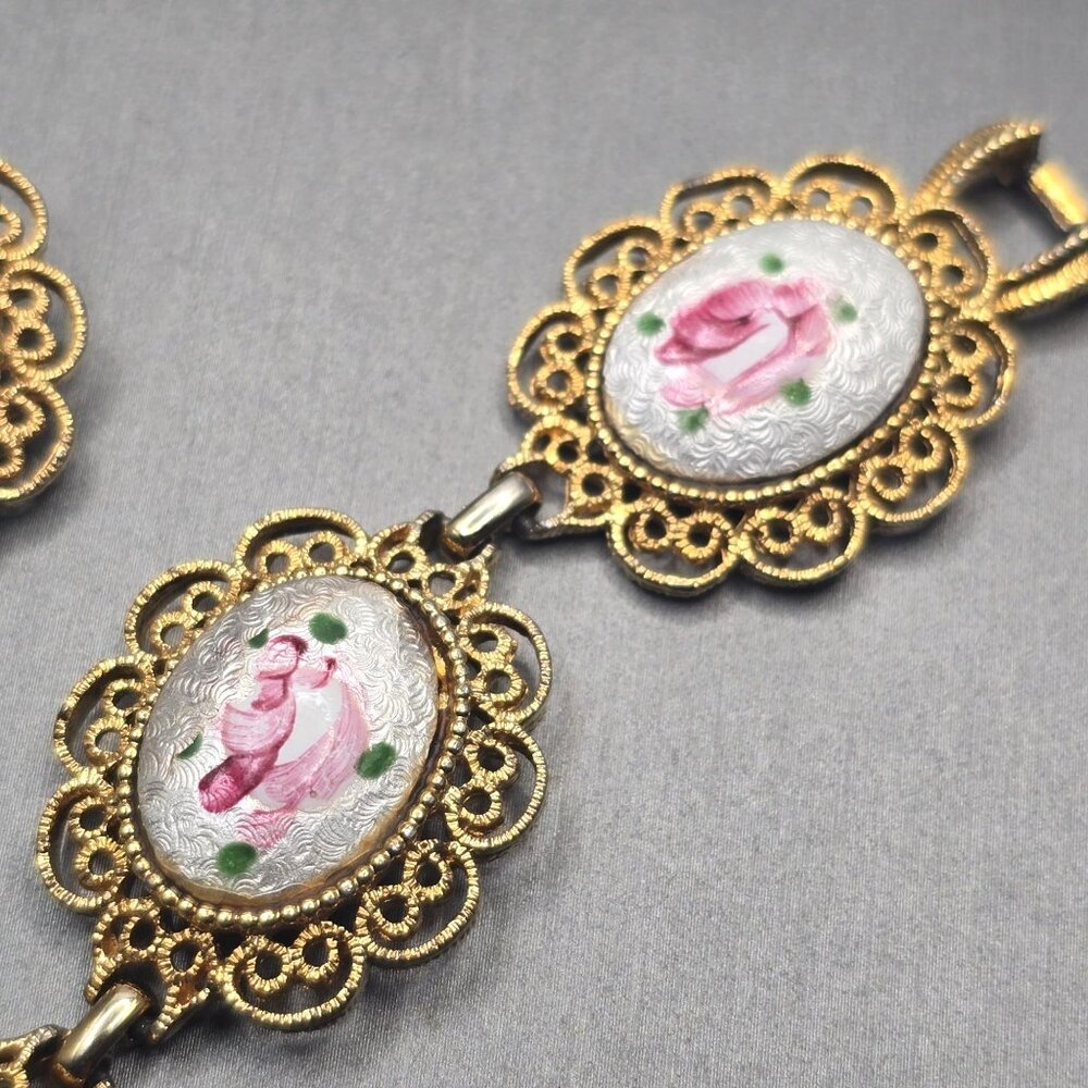 VTG Coro Rose Guilloche Bracelet & Clip-On Earrings Set Gold Tone Filigree - Picture 7 of 12
